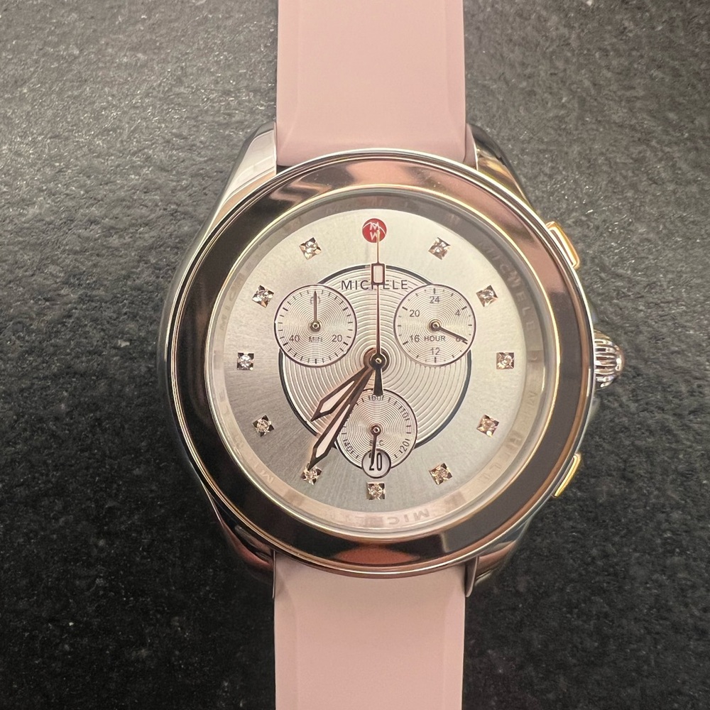 Michele Silver Dial with Pink Strap Watch